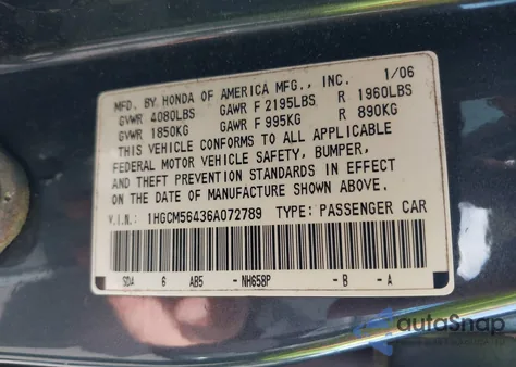 2006 Honda Accord Lx z USA, uszkodzony, nr VIN 1HGCM56436A072789